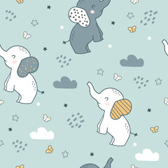 Wall Mural - Сhildish pattern with cute elephant. Animal seamless background, cute vector texture for kids apparel, fabric, wallpaper, wrapping paper, textile, t-shirt print