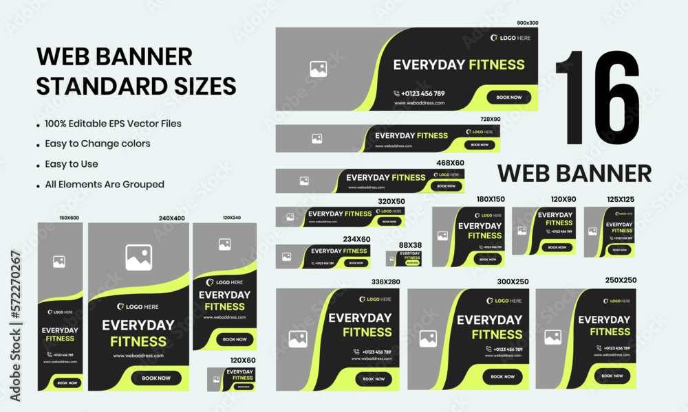 Set of web standard sizes banner template design for social media posts, vertical and horizontal vector eps file 