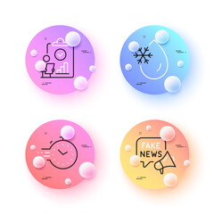 Wall Mural - Timer, Freezing water and Fake news minimal line icons. 3d spheres or balls buttons. Inspect icons. For web, application, printing. Deadline management, Freeze temperature, Wrong fact. Vector