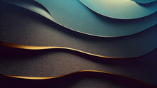 Abstract Wavy Blue Wallpaper With Golden Lines. Waves Background With Curvy Details. 3D Rendering Background With Bluish Gold Colors For Graphic Design, Banner, Illustration