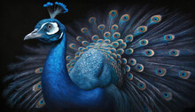  A Painting Of A Blue Peacock With Feathers Spread Out Of It's Back.  Generative Ai