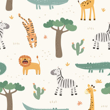Seamless Pattern With Cute African Animals. Tiger, Leon, Giraffe, Zebra And Crocodile. Vector Illustration In Flat Style.