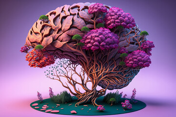 Sticker - a tree with leaves and flowers in the form of a human brain. Generative AI.