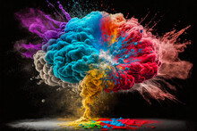 Brain Explosion With Multicolored Powder On A Black Background. Generative AI.