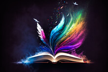 An Open Book With Colorful Feather Flying Out Of It. Generative AI.