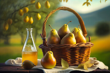 Sticker - Basket of pears and bottle of wine. Generative AI.