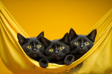 Poster - Three black cats are sitting in hammock. Generative AI.