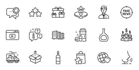 Outline set of Loyalty points, Salary employees and Vip table line icons for web application. Talk, information, delivery truck outline icon. Vector