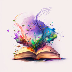 An open book with colorful paint splatters on it. Generative AI.