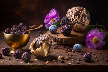 Poster - Table topped with bowl of chocolate covered fruit. Generative AI.