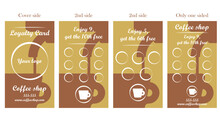 Coffee Loyalty Card Template To Print With Cup And Coffee Machine   Silhouette. Vector Illustration Business Card Template. Buy 9 Get The 10th Free. Enjoy 5, Get The 6th Free.