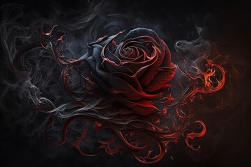 Wall Mural - Red rose and swirl smoke around, black background. Artistic flower. Generative AI