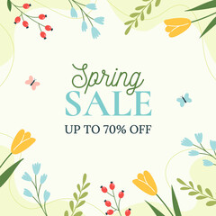 Wall Mural - Spring Sale. Trendy floral green background. Minimalistic style with floral elements. Vector template for a postcard, banner, invitation, social media post, poster, mobile applications.