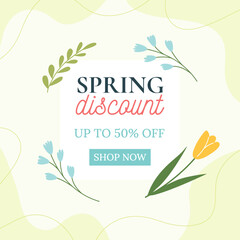Wall Mural - Spring Sale. Trendy floral green background. Minimalistic style with floral elements. Vector template for a postcard, banner, invitation, social media post, poster, mobile applications.
