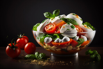 Sticker - Glass bowl filled with mozzarella, tomatoes and basil. Generative AI.