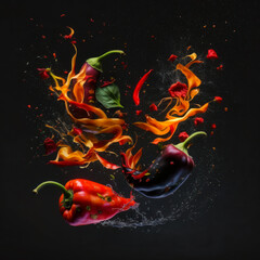 Poster - Hot peppers being thrown into the air on black background. Generative AI.