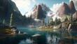 © Anna - a painting of a mountain lake surrounded by trees and rocks.  generative ai