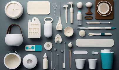 Sticker -  a variety of items are arranged on a gray surface, including toothbrushes, toothpaste, and other items.  generative ai