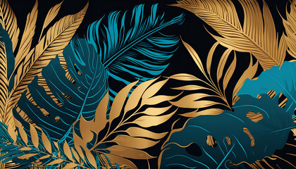  Tropical background with exclusive leaves. Plant composition. Subdued and dark colors. Gold accessories. Rainforest pattern illustration. Moody dark lightning. Print card, stationery. Generative Ai