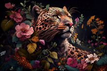 A Painting Of A Leopard Surrounded By Flowers