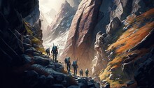  A Painting Of A Group Of People Walking Up A Mountain.  Generative Ai