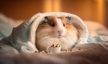  A Brown And White Hamster Sitting In A Blanket With A Cup Of Coffee.  Generative Ai