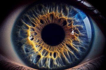 Human eye with detailed iris in brown blue color, illustration Generative Ai