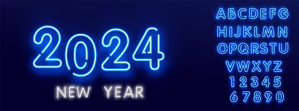 Happy new year 2024 in neon style. Vintage neon new year 2024, great design for any purposes. Greeting card template. Editing text neon sign. Vector graphic illustration