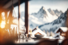 Restaurant Or Cafe In Chalet With View Of Majestic Snowy Apls In Skiing Resort. AI Generative