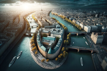aerial view of a paris skyline with river seine with bridges in the foreground. ai generative