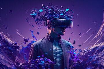 Wall Mural - Young man using virtual reality headset. VR glasses, futuristic, technology, online education, education, video game concept. Generative AI.