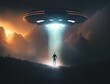 Man Being Abducted By Mysterious UFO Human Floating In Air During Dark Night In Open Field