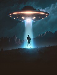 Wall Mural - man being abducted by mysterious ufo human floating in air during dark night in open field