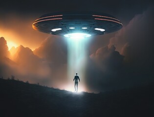 man being abducted by mysterious ufo human floating in air during dark night in open field
