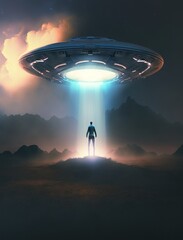 Wall Mural - man being abducted by mysterious ufo human floating in air during dark night in open field