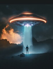 Wall Mural - man being abducted by mysterious ufo human floating in air during dark night in open field
