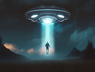 Wall Mural - man being abducted by mysterious ufo human floating in air during dark night in open field