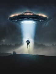 Wall Mural - man being abducted by mysterious ufo human floating in air during dark night in open field