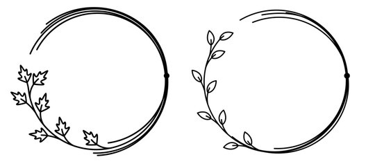 Wall Mural - Vector unusual circle frames in mono line style with leafs. Collection of pair floral frames.