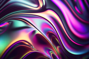 Wall Mural - Abstract Holographic multi-colored crystals with rays and waves of light on the black background of different shapes. Generative AI 3d art illustration.