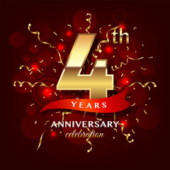 4th Anniversary logo design with golden number and red ribbon for anniversary celebration event, invitation, wedding, greeting card, banner, poster, flyer, brochure, book cover. Logo Vector Template