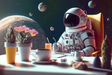 the astronaut is sitting in a cafeteria somewhere in the universe. future fantasy illustration. crea