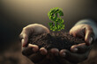 Financial growth concept, with hands holding small plant in dollar shape. Generative AI illustration