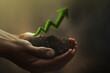 © IBEX.Media - Economic growth concept. hands holding small plant in form of graph pointing up. Generative AI illustration