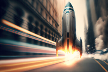 Start-up take off concept, with rocket ship taking of f from city streets, Generative AI illustration