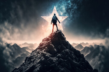 Reaching the stars concept. with man on mountain top reaching the stars in the sky. Generative AI illustration