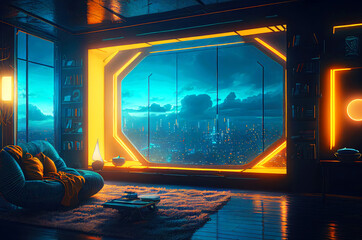 Wall Mural - Futuristic Interior with dystopian cyberpunk megapolis view behind the window. Neon lights and future. Generative AI Illustration