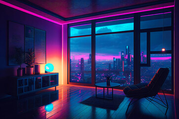 Wall Mural - Futuristic Interior with dystopian cyberpunk megapolis view behind the window. Neon lights and future. Generative AI Illustration