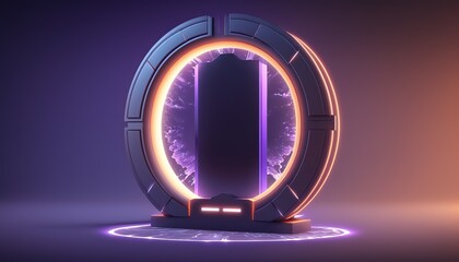 Fototapete - Futuristic portal. Science fiction podium, pedestal, platform. Modern empty cyberpunk space. Technological background. Sky-fi digital hi-tech elements for presentation product. AI
