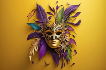 Wall Mural - A festive, colorful mardi gras or carnivale mask on a yellow background. Venetian masks